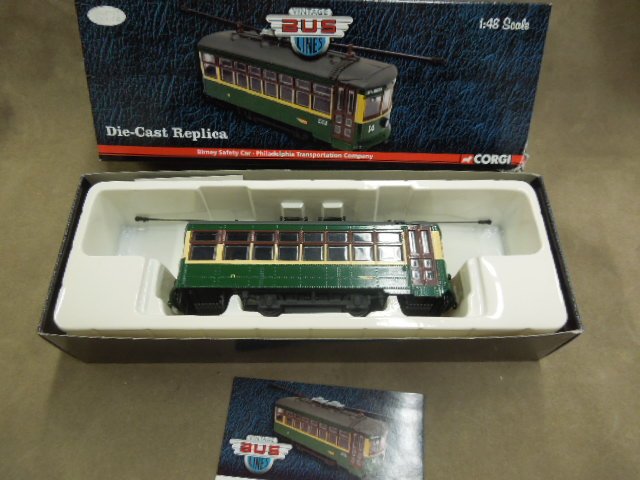 Vintage Die Cast Trolley: Vintage Bus Lines by Corgi: die cast trolley, Philadelphia PTC Birney Safety Car, 5, 14-1 (40th & Market) green with dull yellow & brown accents, gray rood, 1:48 limited edition of 2810 distributed wo