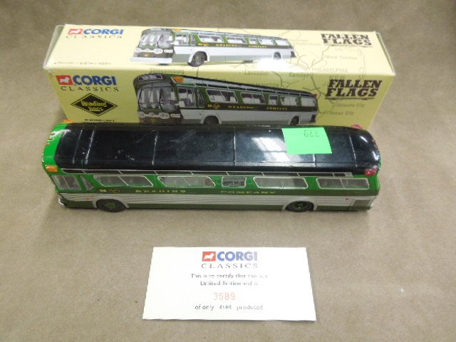 Corgi Die Cast Bus: Corgi Classics die cast bus, Reading Lines, GM 5301 fishbowl, 56 Reading Company, Reading Terminal, "Fallen Flags", limited edition 3589 / 4800 with certification card, original box, 9 5/8". CONDITION