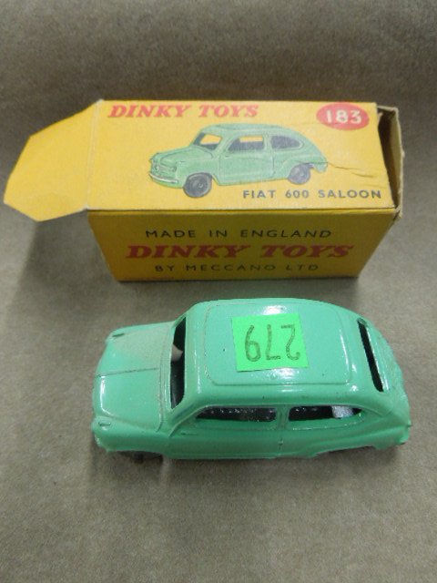 Dinky Toy Car #183: Dinky toy car, #183, Fiat 600 Saloon, green with original box, 2 7/8", mid century. CONDITION: Top flap missing off of box, minor paint loss.