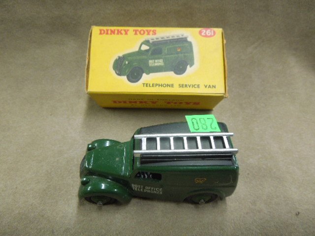 Dinky Toy Service Van #261: Dinky Toy telephone service van, #261, "Post Office Telephones", green with ladder on top, crown decals on side, with original box (original 85¢ sticker on box), 2 7/8" , mid century. CONDITION: Mino