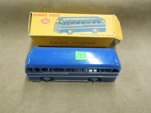 Dinky Toy Bus #282: Dinky toy bus, #282, Duple Roadmaster coach, blue with gray accents, original box, 4 3/4", mid century. CONDITION: Box missing outer flap at one end, minor wear to bus.