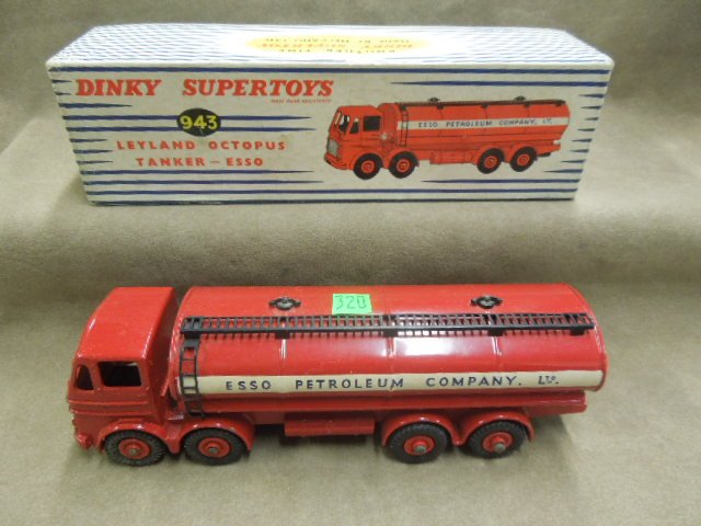 Dinky Toy Tanker # 943: Dinky Super Toys, # 943, Leyland Octopus tanker - "Esso" Petroleum company Ltd., red with side & top ladder, original box, 7 1/2", mid century. CONDITION: Minor wear to box, tanker ok.