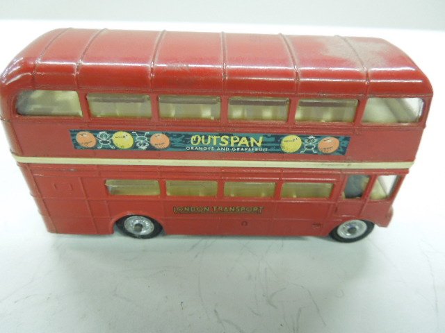 Corgi Toy Bus: Corgi Toy Bus, London Transport, "Routemaster", double decker bus, red with beige interior, bus driver, Outspan Oranges and Grapefruit decals on side, 4 1/2" Condition; minor wear