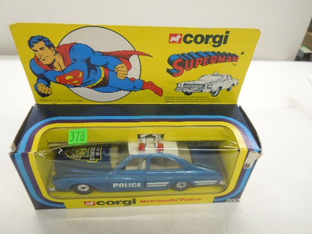 Corgi Toy car # 260: Corgi Toy car # 260, Metropolis Police car, Superman, with police shield on hood, original box, 6" Condition; box has some wear, car in package
