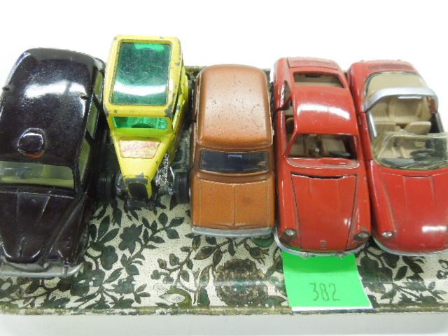 5 Assorted toy cars: 5 Assorted toy cars, including; (2) Corgi Whizz Wheels, London Taxicab and yellow coupe, "Wild Honey", (1) Dinky Toy - Mini Clubman, (1) Mebetoys - Porsche 912 and (1) Marklin - Porsche 911 T Conditio
