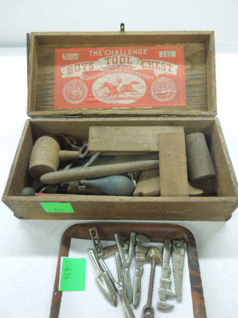 Toy Tool Chest & metal toy tools: The Challenge Boys toy tool chest No. 145 with assorted wood and metal tools, plus 8 assorted metal miniature toy tools Condition; some wear on box and all tools