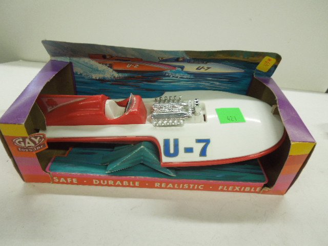 Vintage Plastic Toy Jet Boat: Vintage Plastic Toy Jet Boat from Gay Toys Inc., "safe, durable, realistic and flexible", in original package, 12" Condition; box has some wear and tears, boat has minor wear