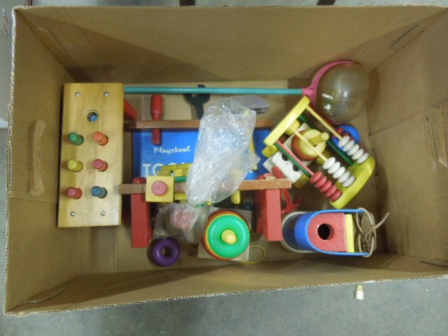 Vintage assorted Playschool toys: Vintage assorted Playschool toys including; peg and tables, plastic ring stack, assorted push and pull toys Condition; some wear from age