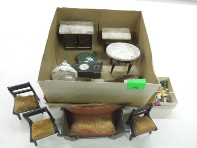 Assorted Doll Furniture: Assorted Doll Furniture including (3) marble top pieces, couch and chairs, plus other Condition; wear from age