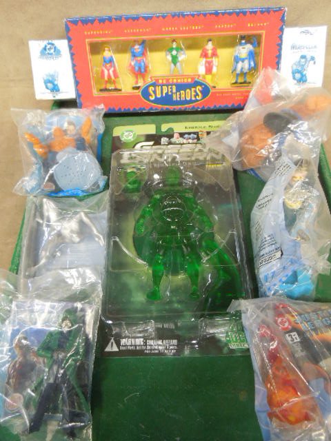DC Comic Action Figure Toys: DC Comic Action Figure Toys. Includes: Super heroes 5pc set (die cast), Green Lantern 6 1/2" figure, plus 6- Fantastic For & Justice League Burger King Figures. Condition: All in original packaging