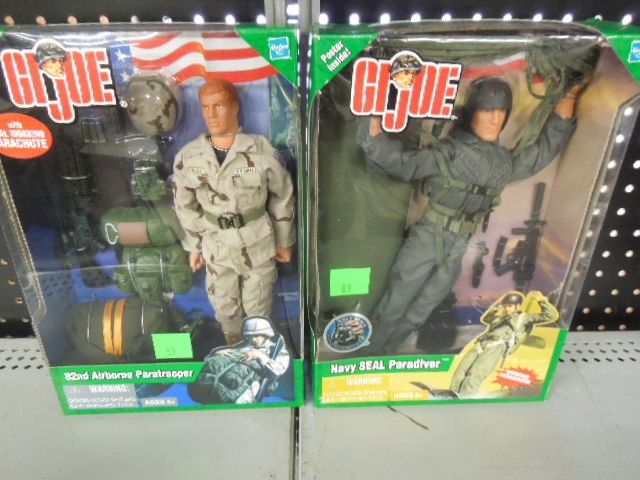 2- GI Joe Action Dolls: 2- GI Joe Action Dolls. Includes: Navy seal Para diver & 82 Airborne Paratrooper. Both with parachutes. Condition: In original boxes.