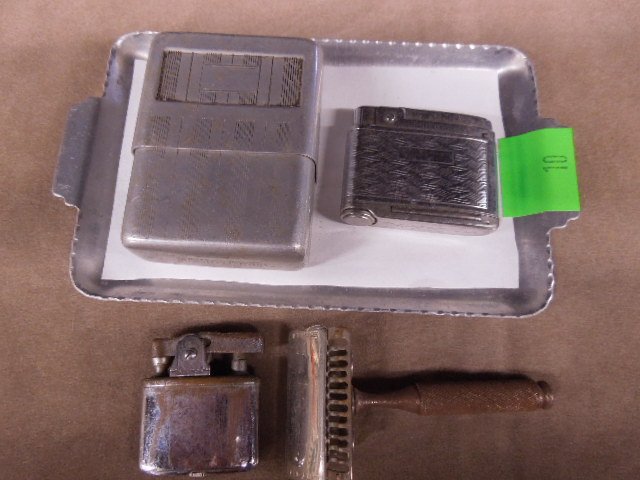 Vintage razor, lighters and cigarette holder: Vintage razor, lighters and cigarette holder including; Ever - Ready double blade razor, Aurora and Bentley lighters, plus aluminum cigarette case Condition; rust on handle of razor, lighters have sur