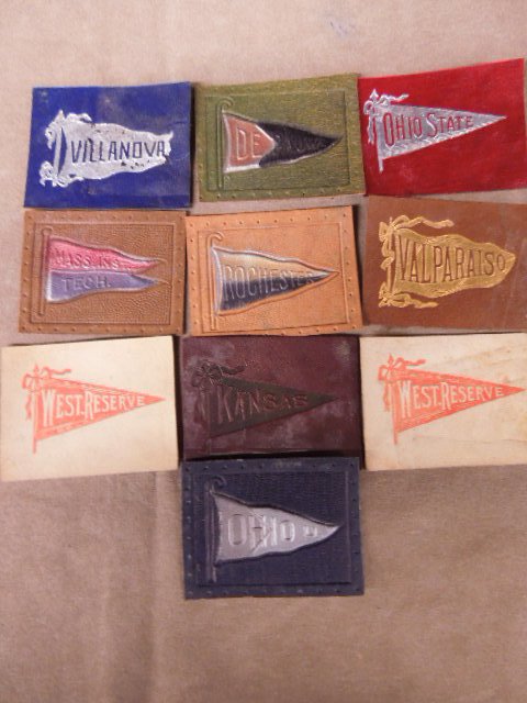 10 vintage leather Collage patches: (10) vintage leather Collage patches, 2" x 2 1/2" each including; Villanova, Ohio St., Ohio U., Mass Institute Tech, (2) West. Reserve, Rochester, Valparaiso, De Paul and Kansas Condition; 4 (Villanov