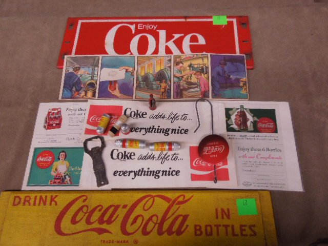 Assorted Coca-Cola items: Assorted Coca-Cola items including: 2- paper and soda jerk hats, 3- sewing kits, metal pencil sharpener, bottle opener, 2- mail in free soda cards, (button) hook, plus 2- 20 cards sets lumber and elec