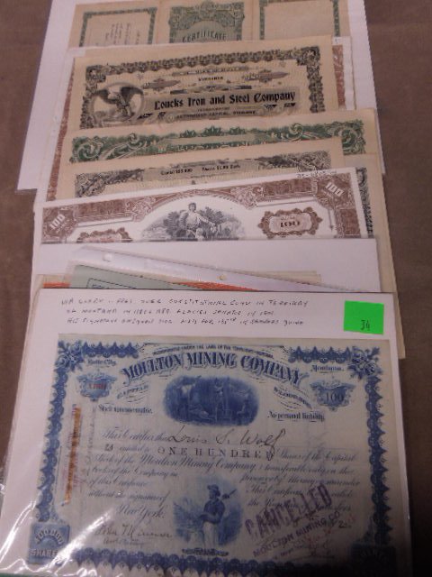 14 vintage stock certificates: 14 vintage stock certificates including; 1892 Moulton Mining Co. (signed by W. A. Clark, Hershey's Chocolate, Gulf Mobile and Ohio RR, Loucks Iron and Steel, Uncle Sam Oil, Arkansas Live Oak Ridge Oil