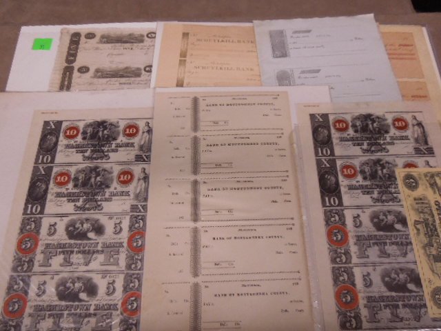 7 Sheets 19th c. Promisary bank notes: 7 Sheets 19th c. promissory bank notes, some with nice steel engravings including; Schuykill Bank Hagerstown Bank, James Monroe bank , Cincinnati Post Note, Bank of Montgomery County, H.A. Forrest & C