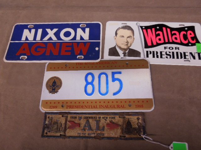 5 Political License plates: 5 Political License plates including vintage Al (Smith) "from the side walks of New York to the White House" 2 3/4" x 10", 1985 Presidential (Ronald Reagan) Inauguration # 805, (2) Nixon Agnew and (1)