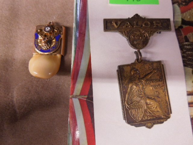 Sterling Valor pin & 10K & bone pendant BPOE: B.P.O.E. Sterling Valor pin, WW II, with presentation on reverse, awarded for Supreme Sacrifice, 2 1/2" & 10K & bone pendant, "Cervus Alces" (Elk & Deer) 1 3/8" Condition; minor wear