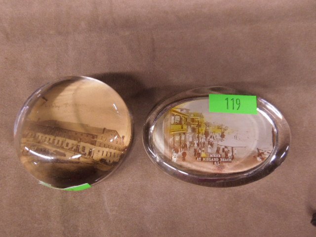 2 Vintage glass photo paperweights: 2 Vintage glass photo paperweights including; Libby Prison, Richmond Va.(Confederate Prison, Civil War), 3" dia. and scene at "Midland Beach, Staten Island, 2 1/2" x 3 3/4" oval Condition; minor wear 