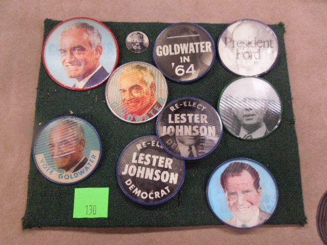 9 Political "Flicker" buttons: 9 Political "Flicker" buttons including; (4) Goldwater, (1) Ford, (1) Carter, (1) Nixon, (2) Lester Johnson, plus (1) Goldwater (without button or pin) 1" (105) Condition; minor wear to bottom edges