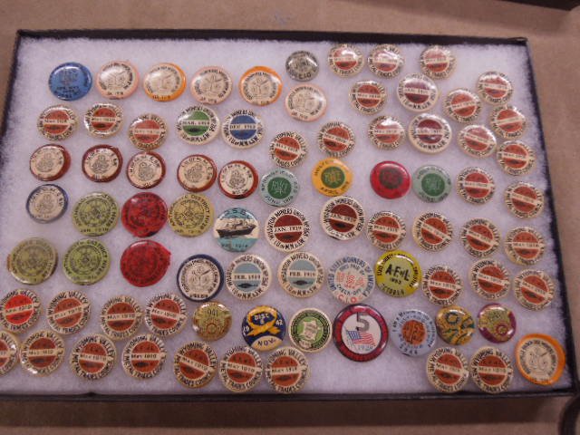 80 Miners & other Union buttons: 80 Miners & other Union buttons, most early 20th c. including; (37) 1919 Wyoming Valley Metal Trade Council 7/8", (6) Anthracite District No. 28 1", (8) 1918 / 19 Wharton Minors Union, plus others (10