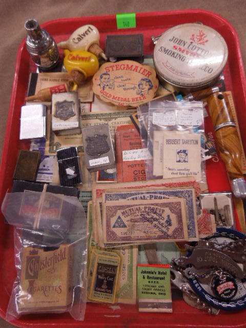 Lg Lot of Tobacco and Liquor advertising: Lg Lot of Tobacco and Liquor advertising including match book cover labels cigar profit certificates openers smoking tobacco tin, advertising cards, match box holders, lighters, coasters bottle pourer