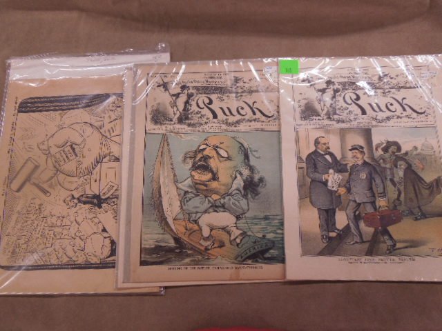 19th & 20th c Magazine covers & campaign cartoons: 19th & 20th c Magazine covers & campaign cartoons including 19th c. magazine covers - (2) Puck 1885 + 1879 and Judge 1892, plus set (15) Hoover - Smith political cartoons, 10 1/2" x 13 1/2" (missing #