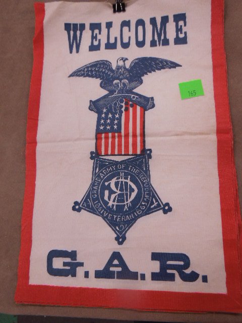 4 GAR banners: 4 GAR (Grand Army of the Republic banners, "Welcome G.A.R. with eagle, cannons, flag and star symbol in middle, red boarder (sides and bottom) Condition; minor wear, some fraying at top, creases and f