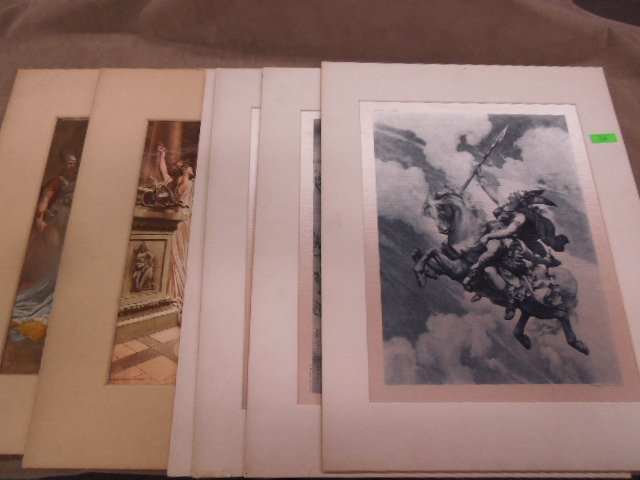 6 19th c. "Great Opera" pictures: (6) "Great Opera" pictures in matted cardboard including; (4) on Satin and (2) watercolor after the original paintings 13 3/4" x 18", plus (1) framed town scene, matted and framed 10 1/2 x 15 Conditio