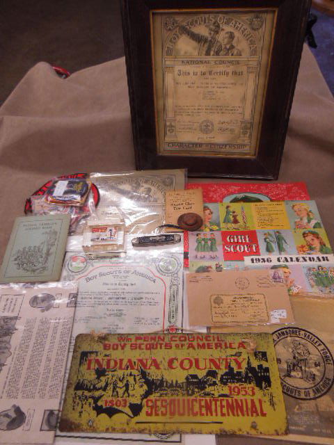 Vintage Girl & Boy Scout items: Vintage Girl & Boy Scout items including; patches, certificates, ID cards and test cards, pocket knife, metal 1953 sesquicentennial plate Patrol Leaders record book, mid century calendars, lucite pape