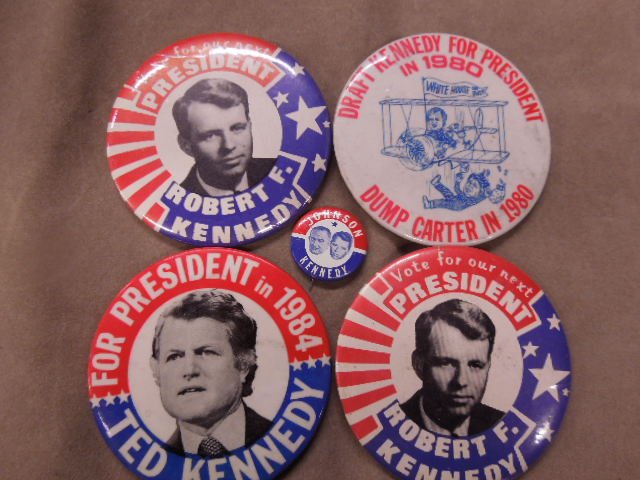 5 RFK & T. Kennedy campaign buttons: 5 RFK & T. Kennedy campaign buttons including; (2) Robert Kennedy (3 3/8 + 3 1/2"), (1) Johnson / Kennedy 1 1/8", plus (2) Ted Kennedy (1 Draft Kennedy in 1980 + 1 for President in 1984), (12, 13, + 3