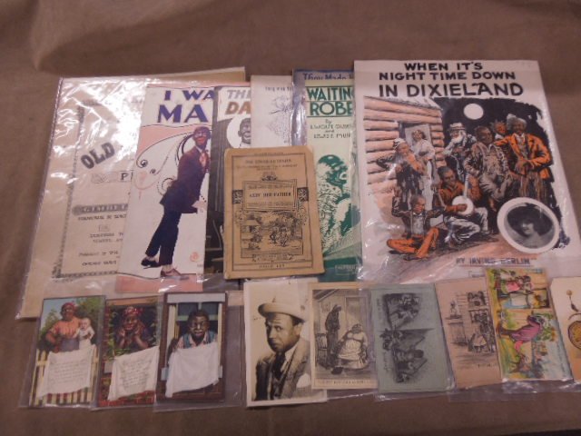 Vintage Black Americana sheet music & cards: Vintage Black Americana sheet music (7) including; (2) Eddie Cantor - Dapper Dan and I Want my Mammy, Old Black Joe, My Coal Black Lady, And They Called it Dixieland, Waiting for the Robert E. Lee and
