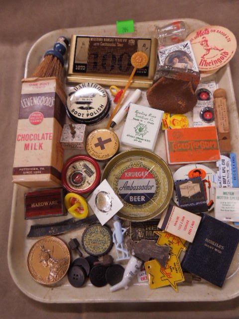 Vintage Advertising Collectables: Vintage Advertising Collectables including; Goodyear Rubber coat buttons, Paratroop boot polish, small Golden Guernsey milk bottle, Fairmont milk, small toys, whistles, match box & books, ashtray plus