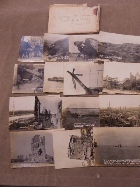 Set 15 WW I war souvenir photos: Set 15 WW I war souvenir photos, with solicitation envelope from John E Volkert 6808 Greene St, Phila Pa., inside flap typed note says" Your friends will appreciate a set of these photos, sent to Geo 