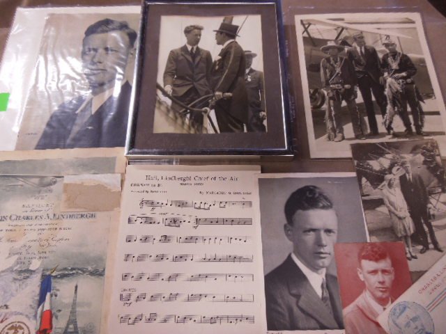 Vintage Charles Lindbergh items: Vintage Charles Lindbergh items including; photos, magazine inserts, sheet music, 1927 Banquet pamphlet, postcards Condition; some wear to most items from age and use, loss to front of banquet pamphle