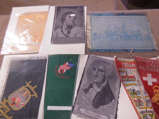 Vintage Hankies, Flags & cloth items: Vintage Hankies, Flags & cloth items including (2) silk handkerchiefs, Souvenir of France & Greeting from England, (2) pennant flags, Munchen (Olympics) and Schweizerische Landes Ausstellung 1939 11",