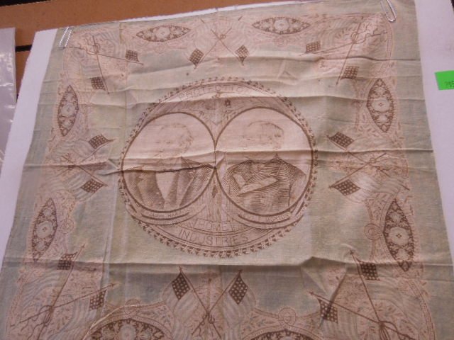 Rare 19th c. Benjamin Harrison Bandana scarf: Rare 19th c. Benjamin Harrison Bandana scarf, featured with Levi Morton, Republican Candidate for President & Vice President, "Protection, Home, Industries, 18" x 19 1/2", (91) Condition; some wear fr