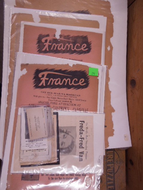 Magician & other Posters and Notices: Magician & other Posters and Notices including; (6) 1920's "France the Del Mar Va Magician posters, Wizad Chado + Wm Becker - Magicians call card and notice, Madam Dix ad (Clairvoyant), Freda-Fred Van