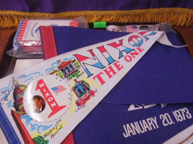 Nixon & Agnew collectibles: Nixon & Agnew collectibles including; Nixon 9" President plate, 1973 Inauguration Day 1st day cover, Nixon hade rolled cigar, Agnew mouthwash box, plus (2) pennants 1973 Inauguration and Nixon's the O