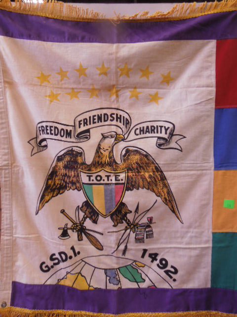Improved Order of the Red man Banner: Improved Order of the Red man Banner with T.O.T.E. (totem of the eagle) center G.S.D. 1 1492, side mounting holes, 30" x 37" Condition; minor wear