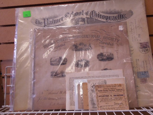 19th & 20th c. Diplomas & certificates: 19th & 20th c. Diplomas & certificates including; 1846 Bucks County Agricultural Society Diploma, 1926 Palmer School of Chiropractic diploma, 1847 Teacher's certificate, 1902 Phila. & Reading Railway 