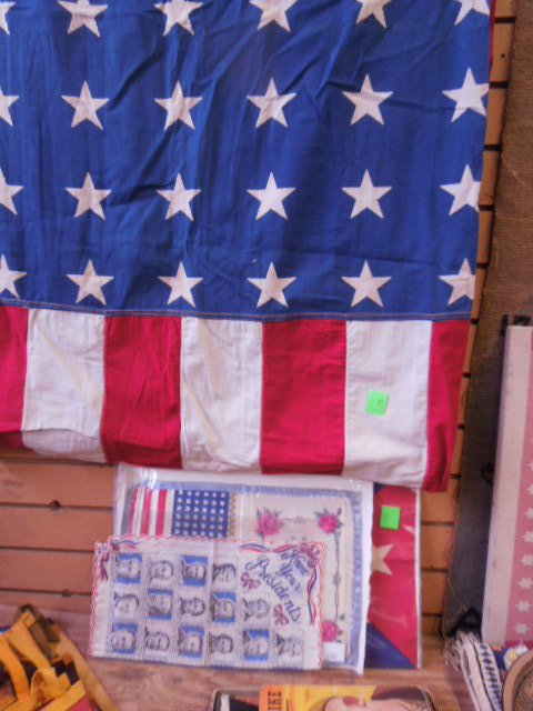 American Flag lot: American Flag lot including Large 48 star flag, small 48 star flag with Mother pillow case (Coney Island), Tattered small 48 star flag, plus vintage small Cuban flag (rip in center) Condition; some we