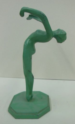 Art Deco "Frankart" Female Nude Ashtray Stand: Art Deco "Frankart" female nude ash tray stand, green patinated paint, octagonal base signed & dated "27", hgt 11". CONDITION: Small areas of paint loss, missing ash tray insert.