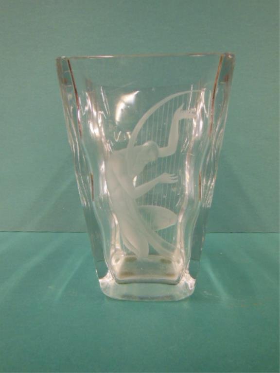 Orrefors Vase: Orrefors vase, etched on one side nude male with harp under water with waves and bubbles, signed on bottom, tapered square 9" x 6" top,scratches from wear on bottom. [42] CONDITION: Very good, scratch