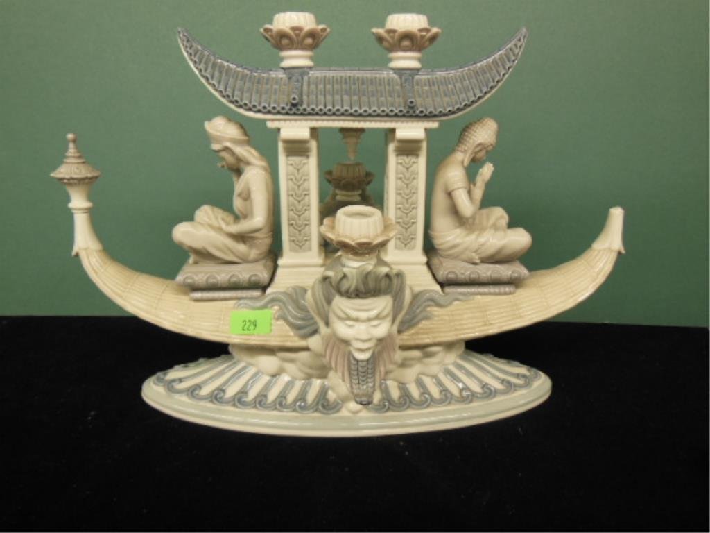 Lladro Figurine "Oriental Candelabra": Lladro figurine "Oriental Candelabra" #5225, 1984, retired, 17 1/4"h. CONDITION: (1) end porcelain finial is off and needs to be reglued, tip of one lantern crest missing.