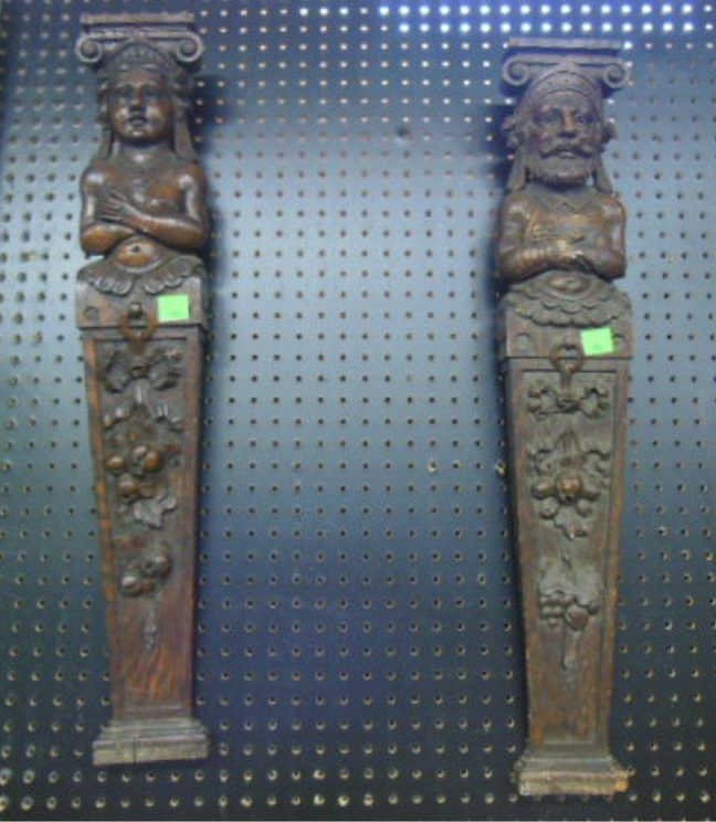 Pr Figural Carved Brackets: Pair of figural carved brackets, oak, depicting a bearded man & nude woman above a ribbon & fruit carved panel, late 19th C., 32 1/4" x 5 1/2" x 2". Note: purchased from the Clothier Estate. CONDITION