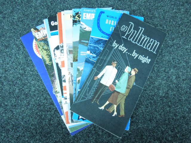 12 Pullman & other Mid Century Train Brochures: 12 Pullman & other Mid Century Train Brochures including; "Go Pullman, by day...by night", Horseshoe Curve, El Capitan, Long Island RR, B&O, Southern Pacific, Condition; minor wear especially on edges
