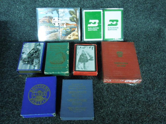Lot of RR Playing Cards: Lot of RR Playing Cards, including: single & double packs, PRR, Santa Fe, & others. Mostly unopened. CONDITION: Minor wear to few cases, otherwise good.