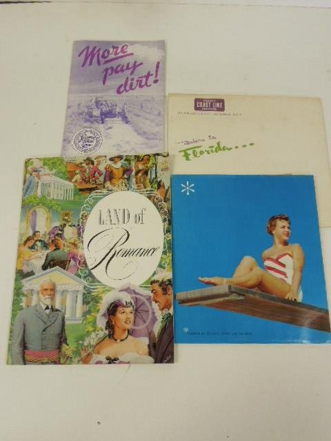 3 RR Ads Pamphlets: 3 RR Ads Pamphlets, including, Atlantic Coast Line "Here Is Florida" pamphlet w/original envelope, "More Pay Dirt", SE Seaboard pamphlet, & Norfolk & Western Railway, Land of Romance.CONDITION: Minor 