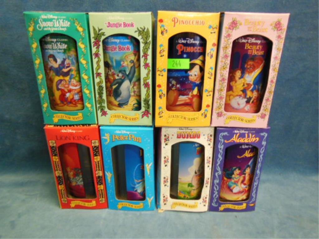 6 Disney Burger King collector's plastic glasses: 6 Disney Burger King collector's plastic glasses, all in original boxes including; Pinocchio, Beauty and the Beast, Dumbo, Snow White, Jungle Book and Aladdin Condition; boxes have some wear especiall